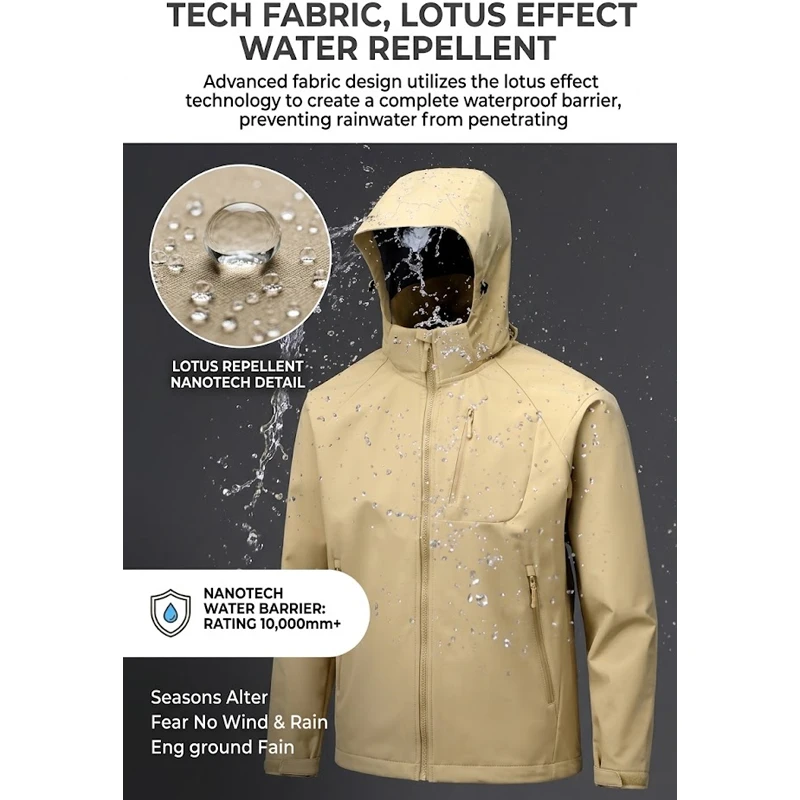 Hooded Softshell Jacket – Windproof Waterproof Outdoor Couple Coat  Men, Breathable Cold-Resistant Shell with Zippered Pockets