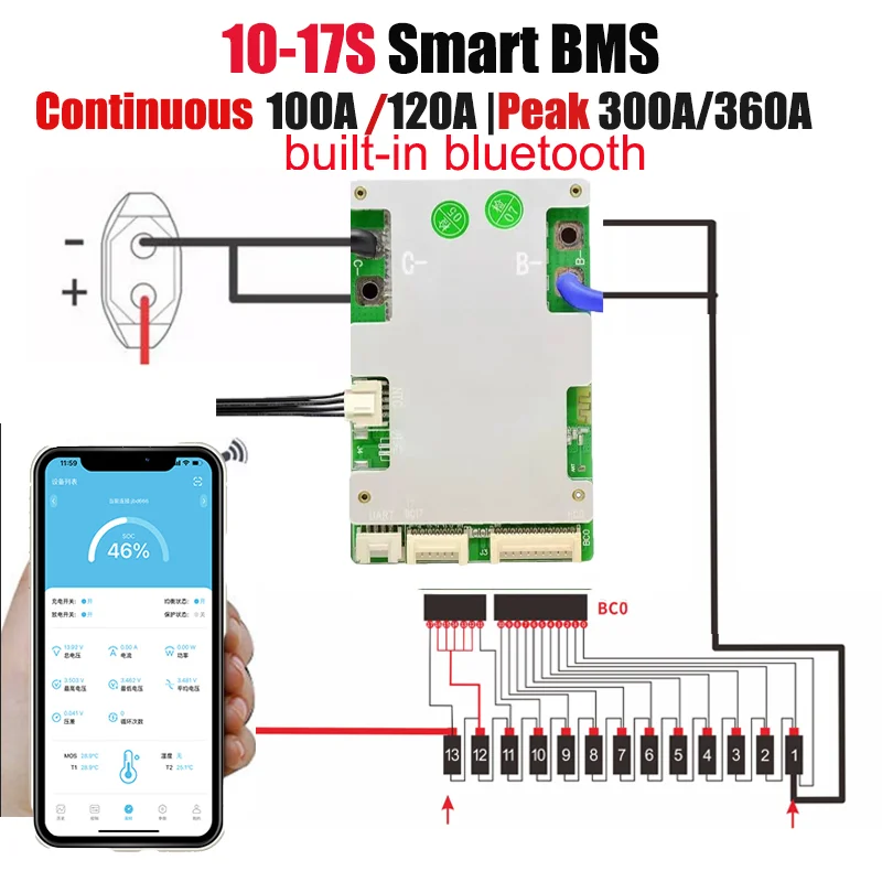 لوحة حماية بطارية ليثيوم JBD ، مدمجة BT الذكية BMS ، LifePo4 NMC ، 10S ، 11S ، 12S ، 13S ، 14S ، 15S ، 16S ، 17S ، 36V ، 48V ، 60V ، 100A ، 120A