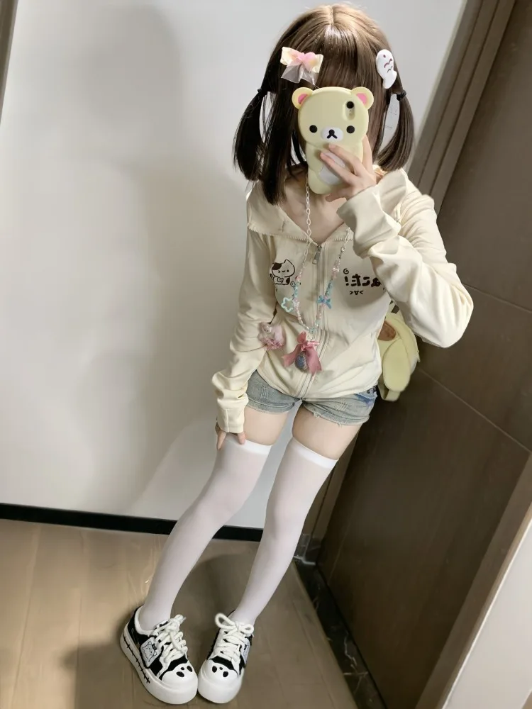 QWEEK Sweet Japanese Harajuku Kawaii Hoodies Women Y2k Coquette Cute Cartoon Print Zip Up Zipper Sweatshirt 2024 Autumn