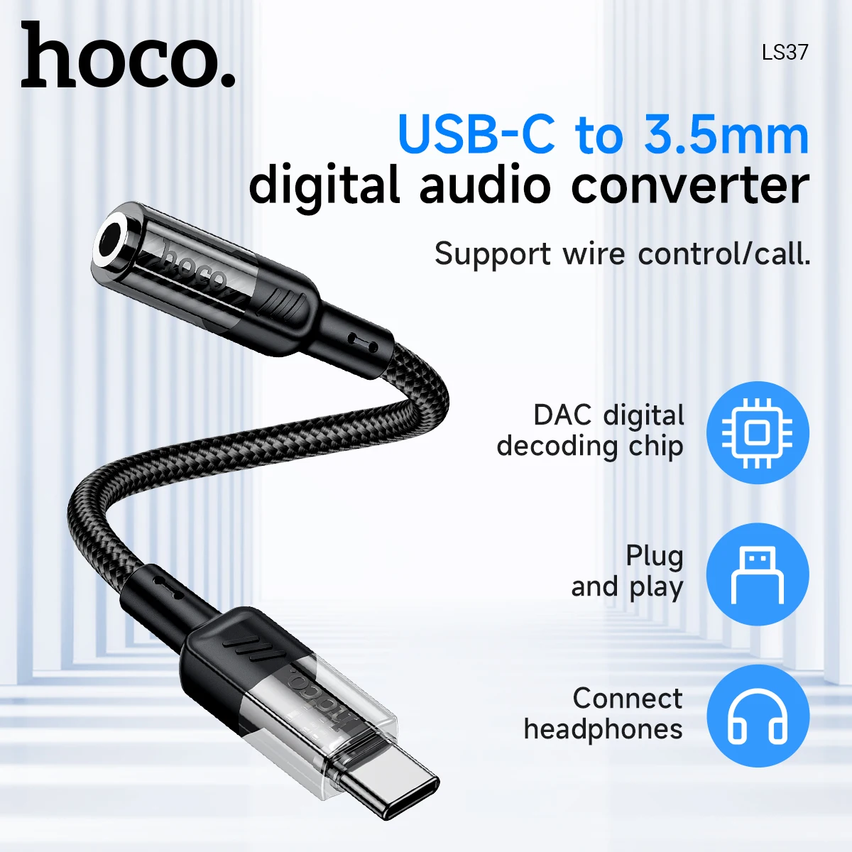 

HOCO LS37 Type-C to Jack 3.5mm Female Audio Earphones Digital Converter USB C Plug for iPhone Samsung Gaming Braid Cable Adapter