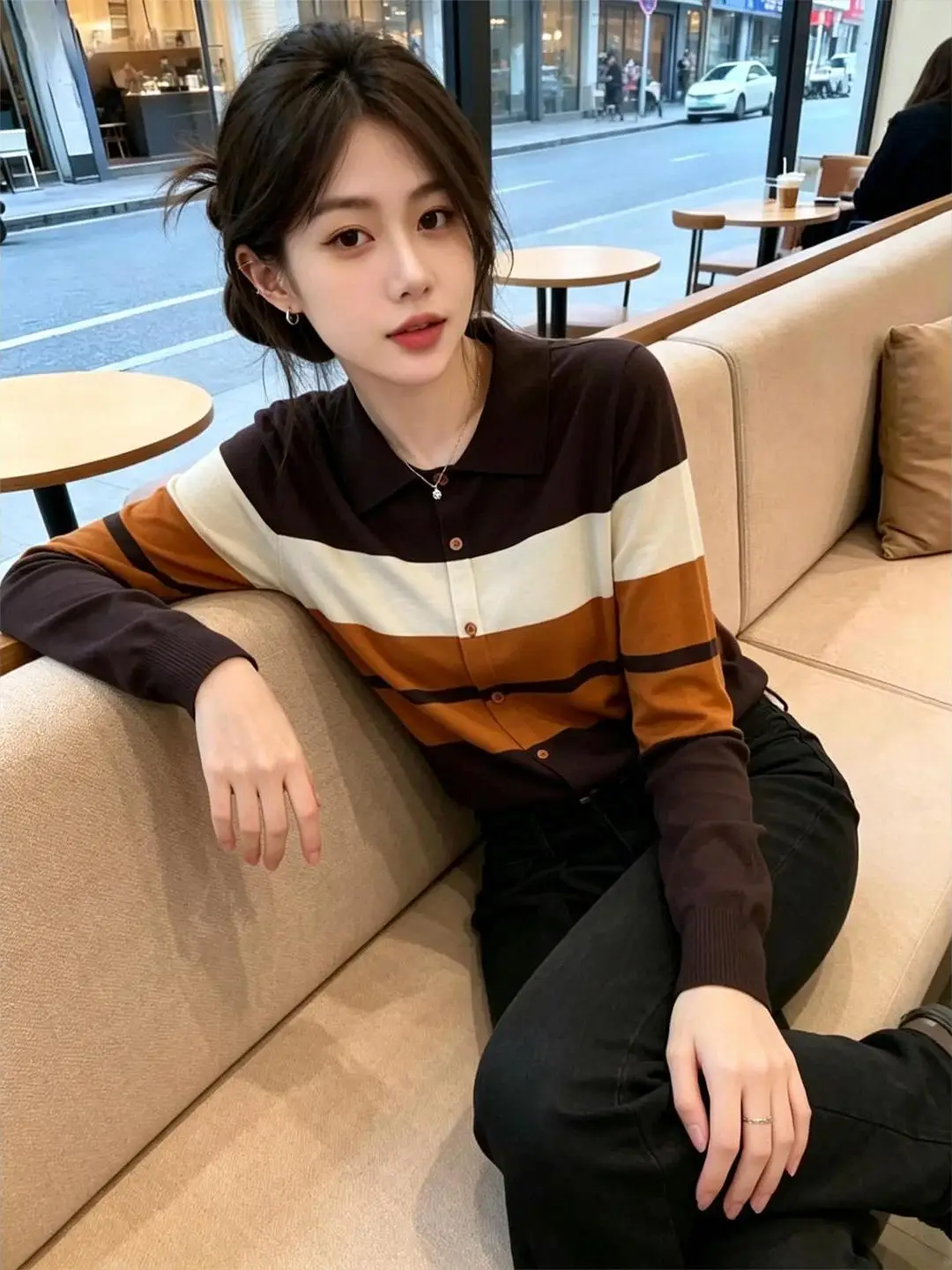 Trendy Women's Knitted Open Cardigan Outerwear Striped Long Sleeve Loose Feeling Color Block Style Autumn New Arrival