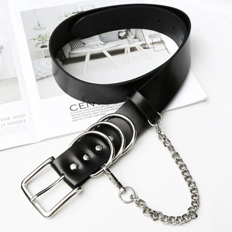 

Johnature 2024 New Streetwear Fashion Metal Button Chain Belts For Women All Match Black Split Leather Belt