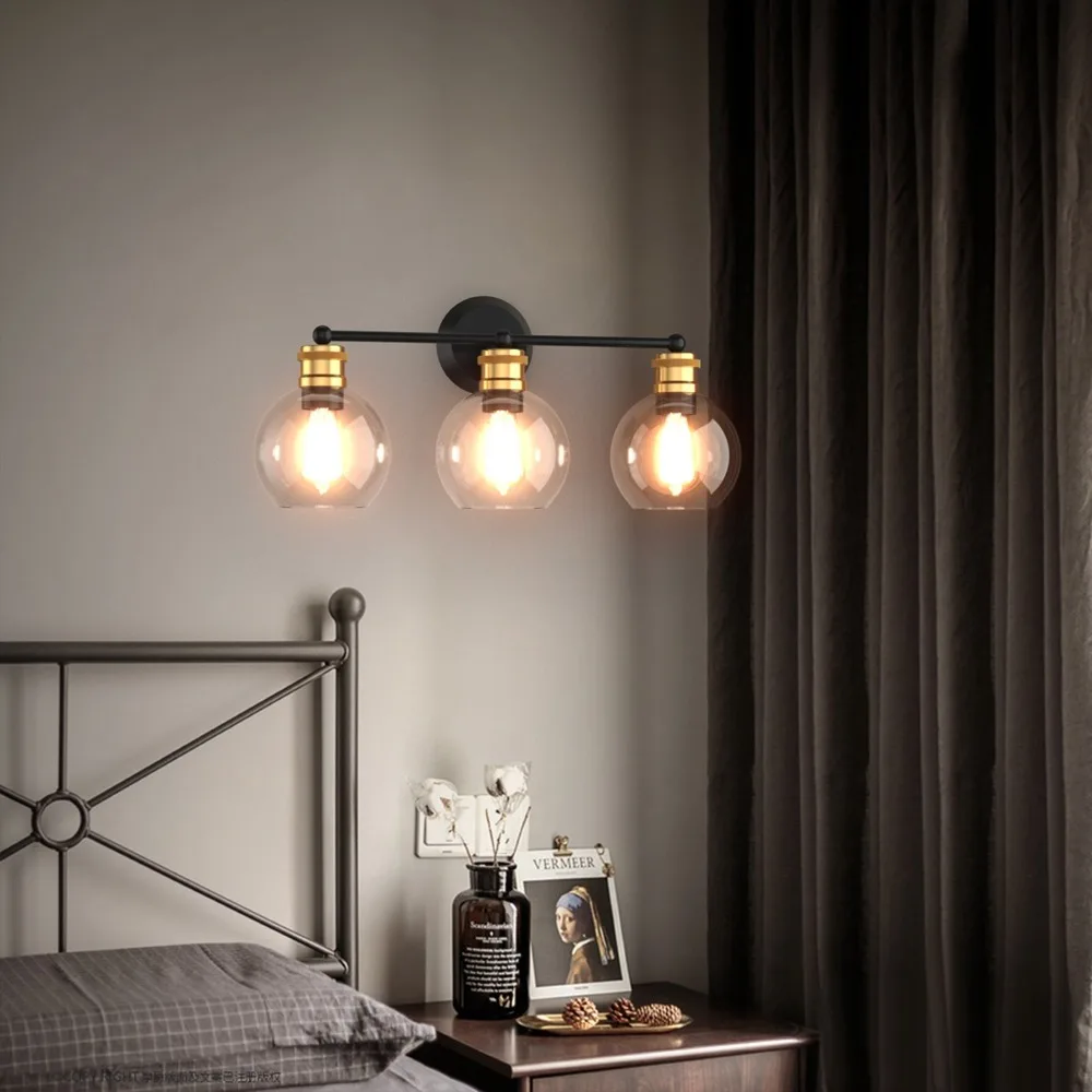 3-light Vanity Bathroom Light w/ 7" Round Clear Glass Shade Vintage Wall Sconce