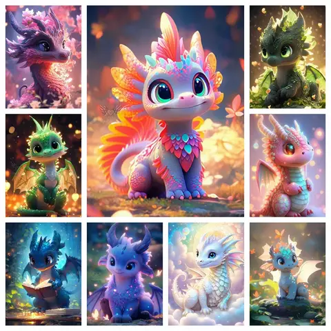 Analyste de peinture au diamant bricolage pour enfants, bébé dragon mignon, animal 5D, dessin animé, dinosaure, mosaïque, point de croix, travail manuel, cadeau de décoration