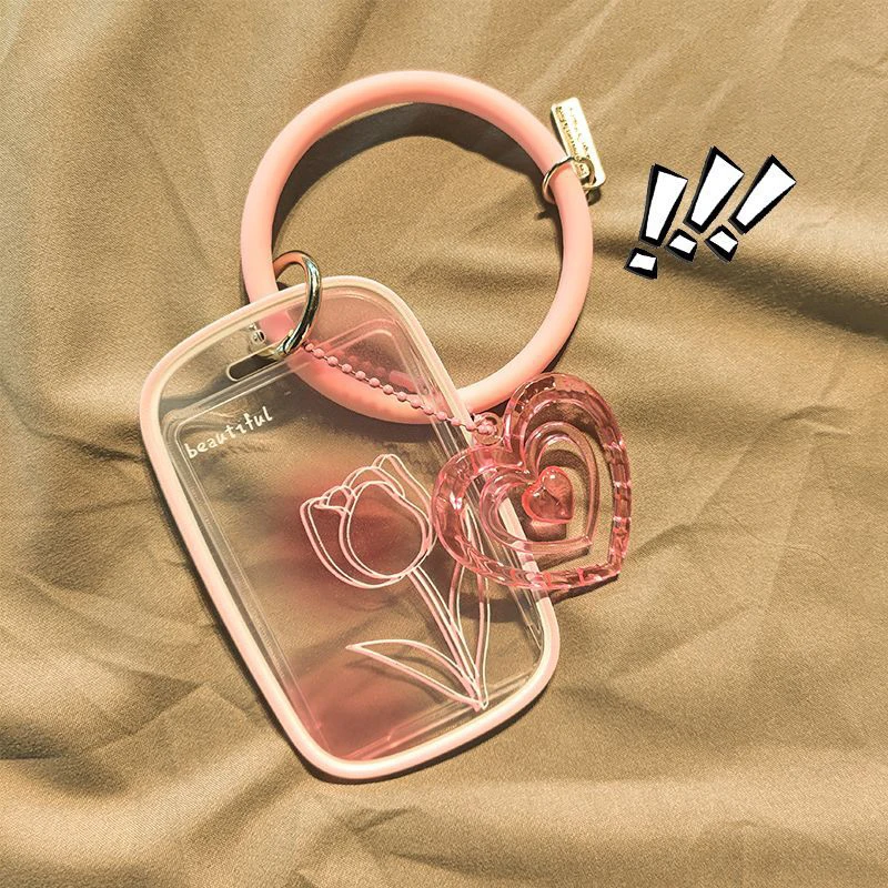 Pink Rose Transparent Gradient Photo Card Holder Idol Photo Sleeve Keychain Photocards Protector Case Student Card