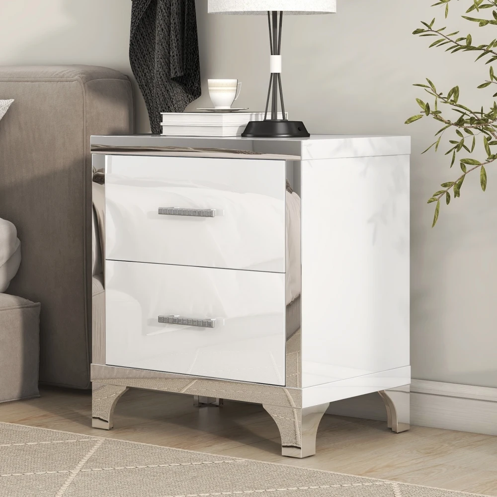 Nightstand with 2 Drawers and Metal Legs&Handles Elegant High Gloss Nightstand  Mirrored Bedside Table for Bedroom,Living Room