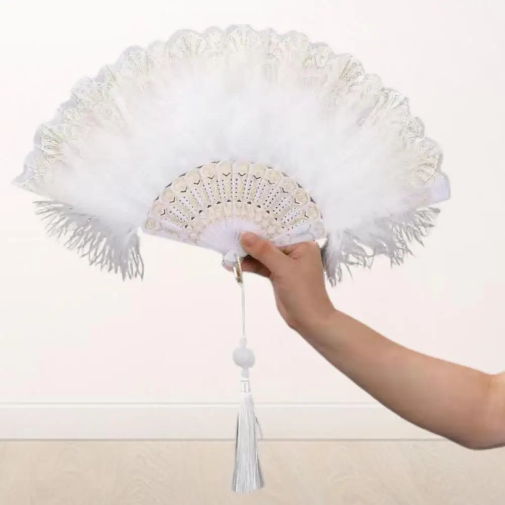 Portable Feather Fan Feather Lace Folding Fan Elegant Vintage Lace Folding Fan with Feather Tassels for Summer Parties Dance