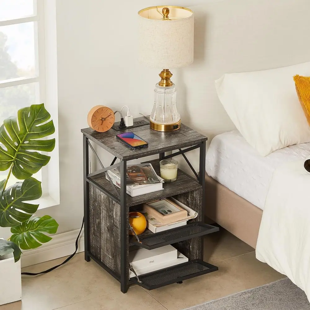 24 tables d'appoint en chêne gris équipés d'usb et de prises, tables de nuit avec chargement et rangement, lot de 2 pour la maison