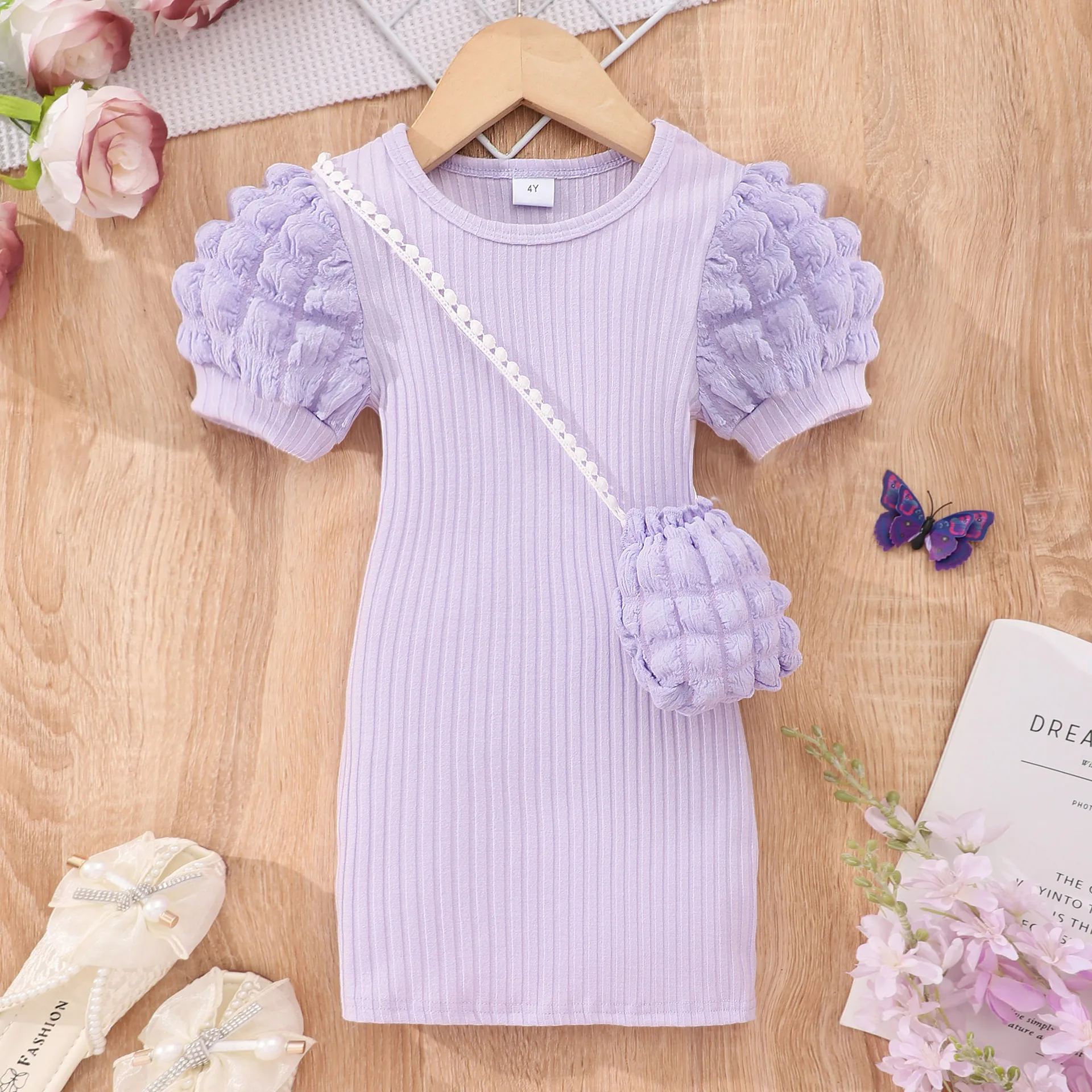 2024 new girls' casual solid color puffy sleeve + bag dress 3-8 years old girls daily casual dress for 3 4 5 6 7 8 years old