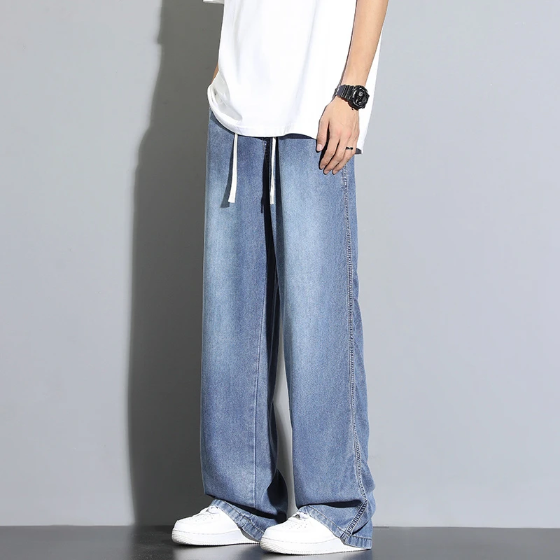 Trendy Ice Silk Solid Color Summer Men Jeans Thin Style Washing Casual Loose Straight Tube Elastic Waist Comfortable Trousers