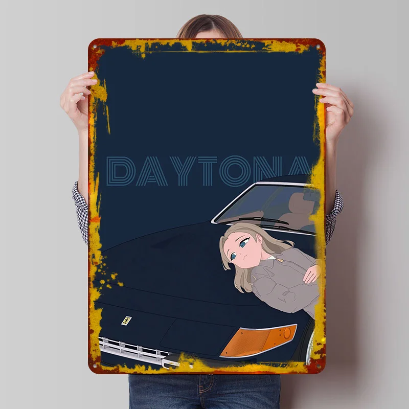 Daytona With Anime Girl Car Printed Poster Customized Retro Wall Art Vintage Metal Tin Signs for Home Room Ornaments Coffee Bar