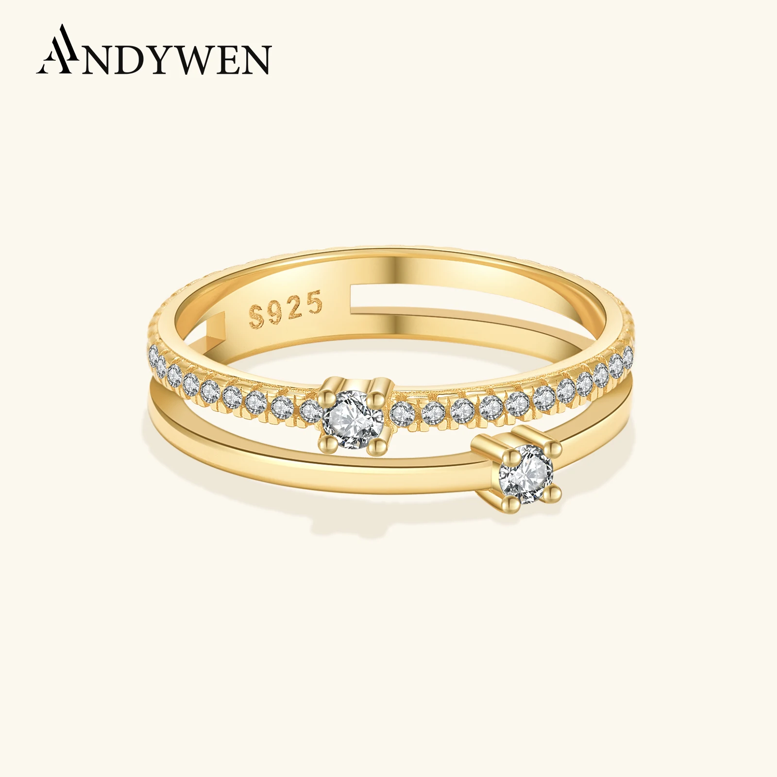 ANDYWEN 925 Sterling Silver Gold CZ Two Line Square Gold Eternity Ring Stacked Women Luxury Fine Jewelry 2022, Rock Punk Jewels