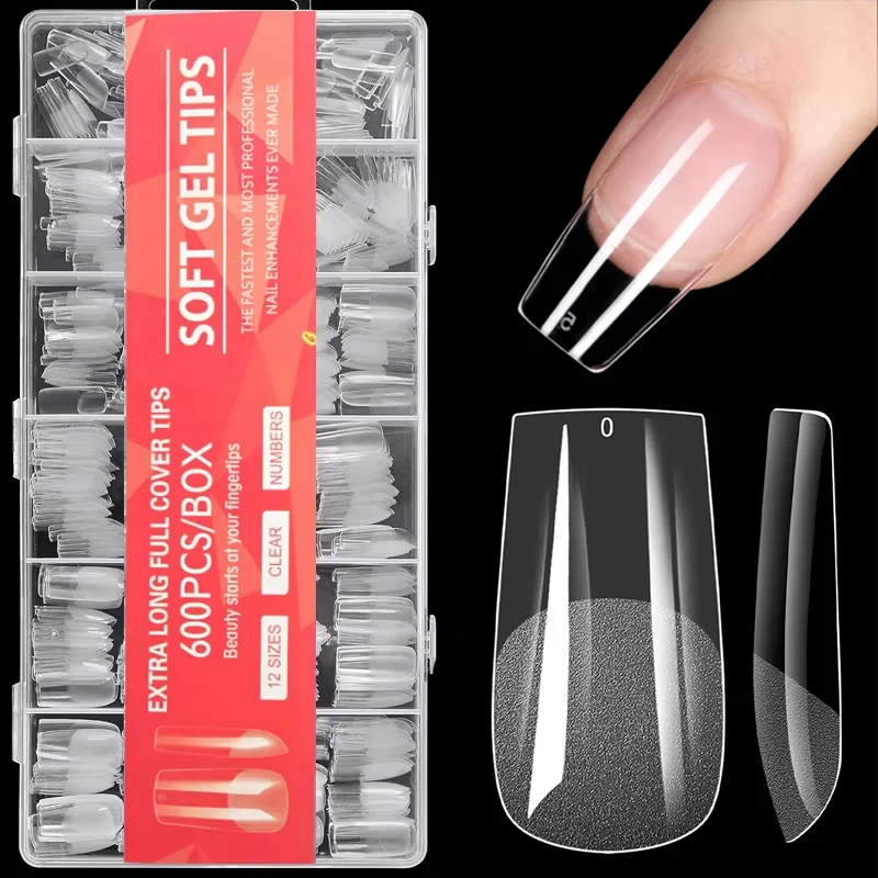 600 件 Full Cover Half Frosted False Nail Tips Square French Fake Soak Off Gel Nail Extension Tips Press on Nails Nail Supplies