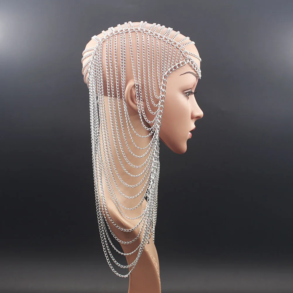 Exotic Silver Color Woven Mesh Headpiece Veil Necklace For Women Sparkling Drape Fringe Forehead Chain Belly Dance Jewelry