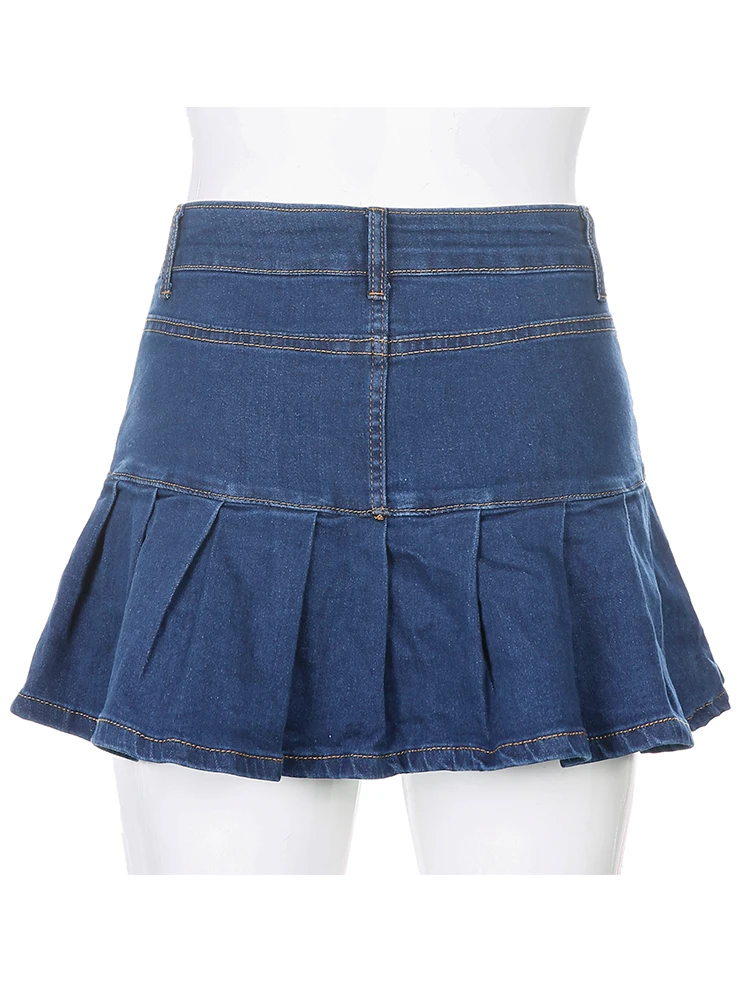 Rapcopter Women Jeans Skirts High Waist Pleated Skirts Zipper Mini Skirts Summer New 90S Streetwear Bottom Y2K Skinny Blue Skirt