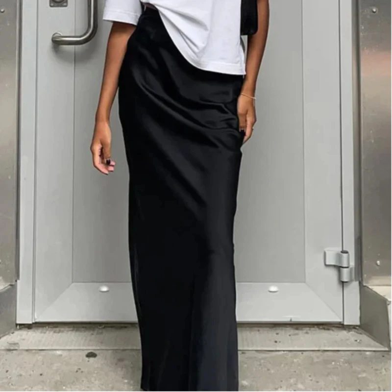 

Vintage Streetwear Temperament Elegant Mermaid Skirts Satin Long Skirt Korean Fashion High Waisted Side Zipper Slim Maxi Skirts