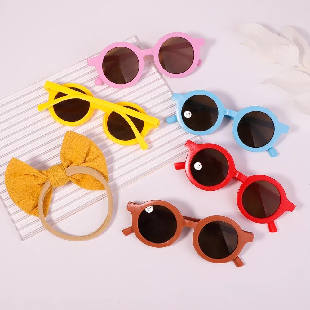 Vintage Round Sunglasses for Kids, Baby Bows Headband, Crianças Sun Glasses, Óculos de proteção, Acessórios para cabelo, Verão, 2pcs por pacote