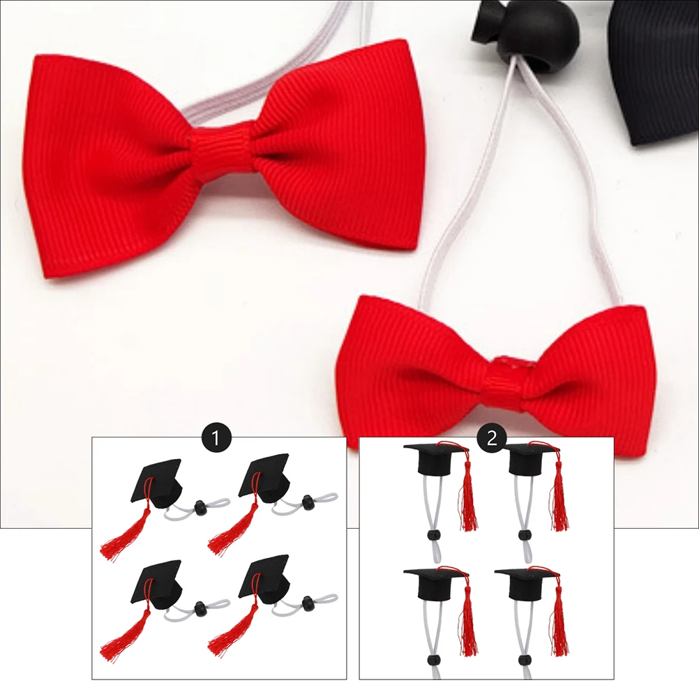 

4 Pcs Pet Bachelor Hat Set Red Tassel Adjustable Size Graduation Decorations Mini Bow Tie Dog Supplies Pet Accessories