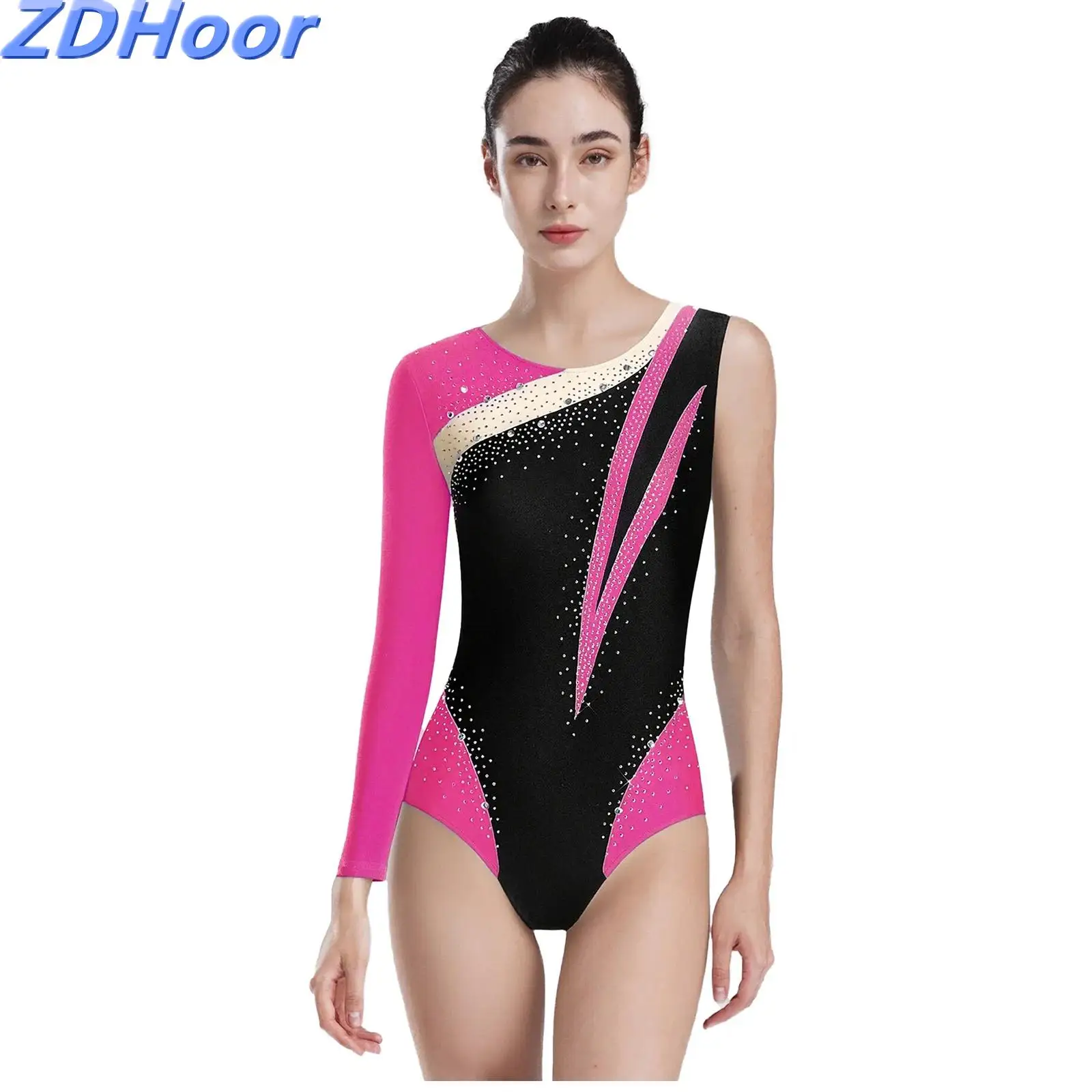 

Womens Figure Skating Ballet Leotard Long Sleeve And Sleeveless Color Blocking Asymmetrical Bodysuit Gymnastics Activewear