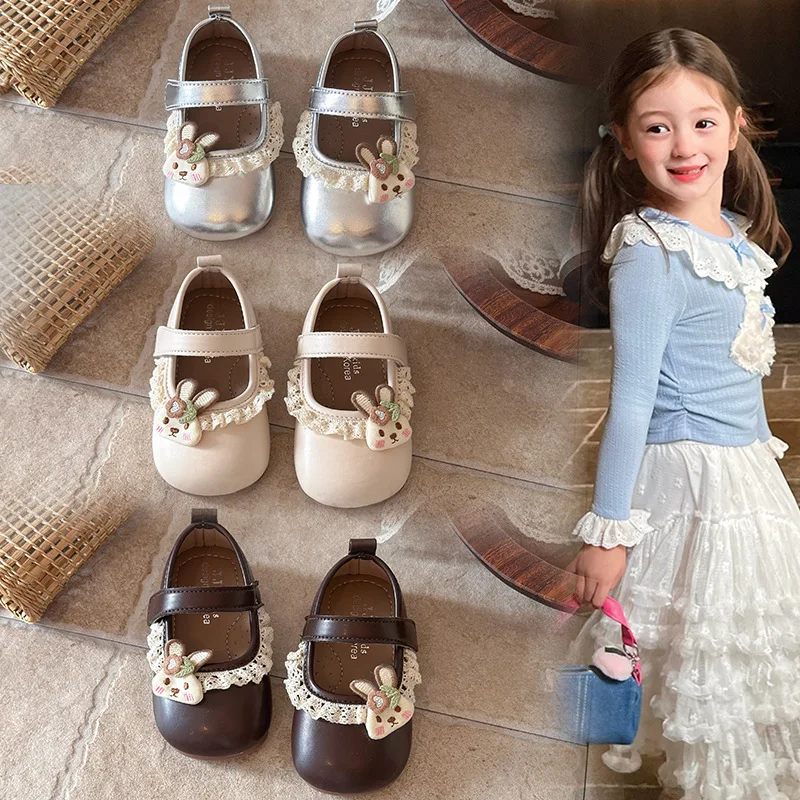 Girls Princess Shoes New PU Leather Shoes Silver Soft Sole Fashion Children's Cartoon Rabbit School Student Loafer Shoes