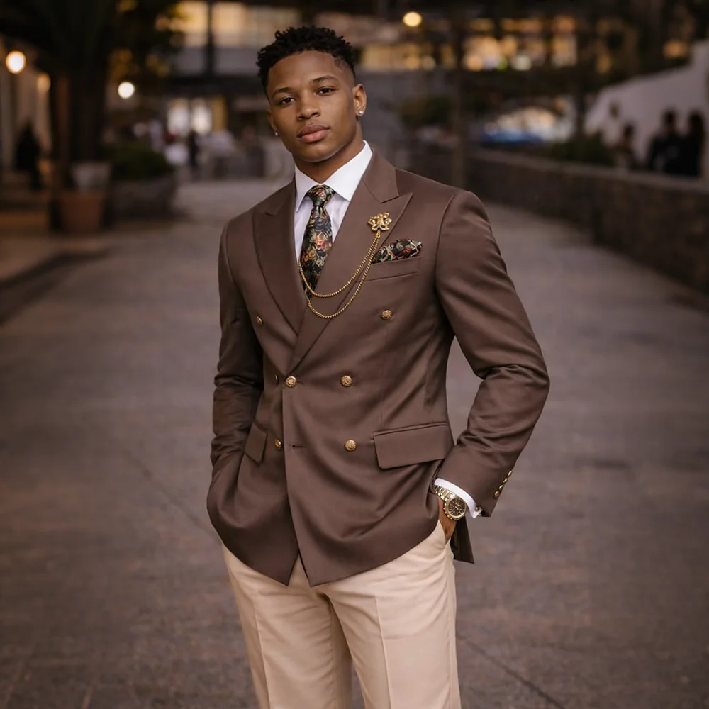 Elegant Men's Brown Suits Classic Two Pieces Pant Sets Casual Double Breasted Wedding Groom Attire Dinner Party Guest Costume