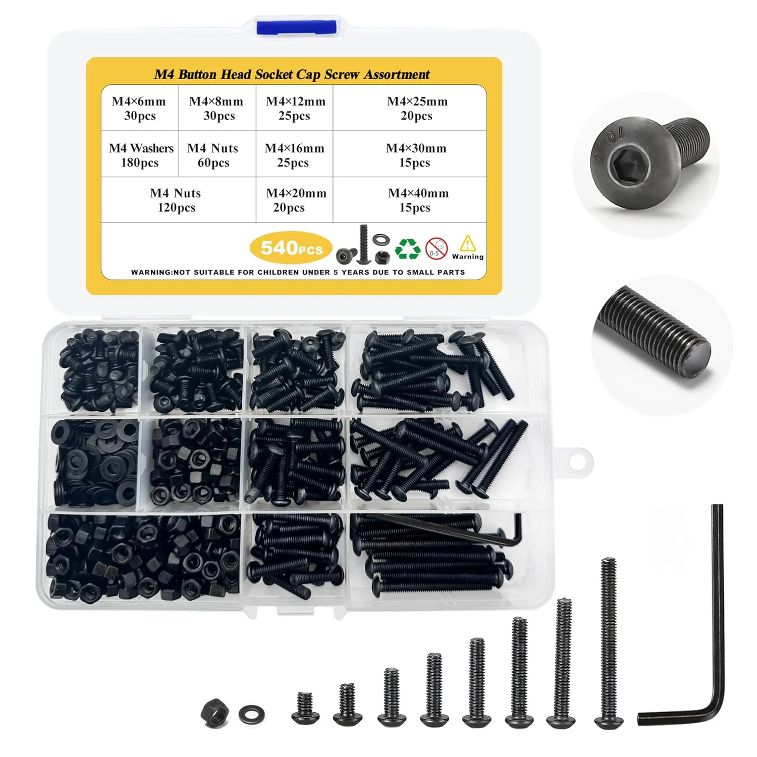 

Screw kit, 540 sets of M4 screws, nuts and washers, M4x6MM - 40MM, hexagonal head metric machine bolt kit, 10.9 grade alloy stee