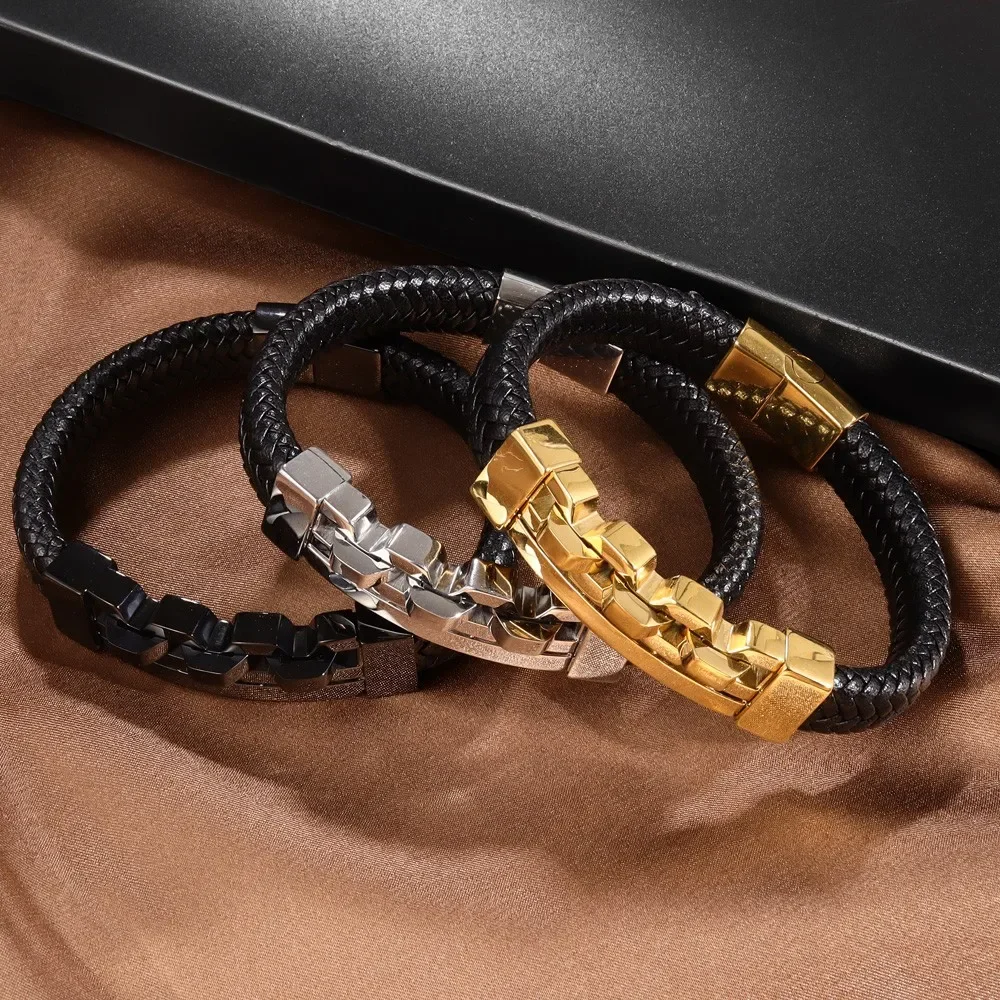Trend Multi-Layer Leather Braided Hollow Lock Magnetic Buckle Bracelet Glamour Men's Bracelet New Fashion Jewelry Punk Accessori