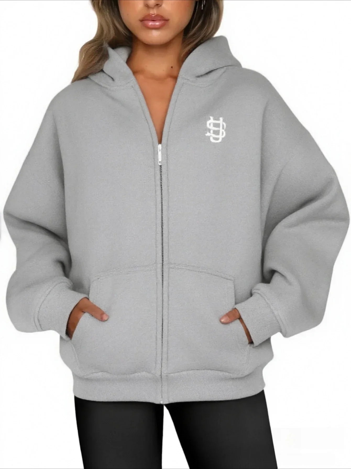 カジュアルなジップアップパーカー 女性用 刺繍模様入り 秋ジャケット 秋のファッション シンプルなスタイル アウターパーカージャケット ユニセックス