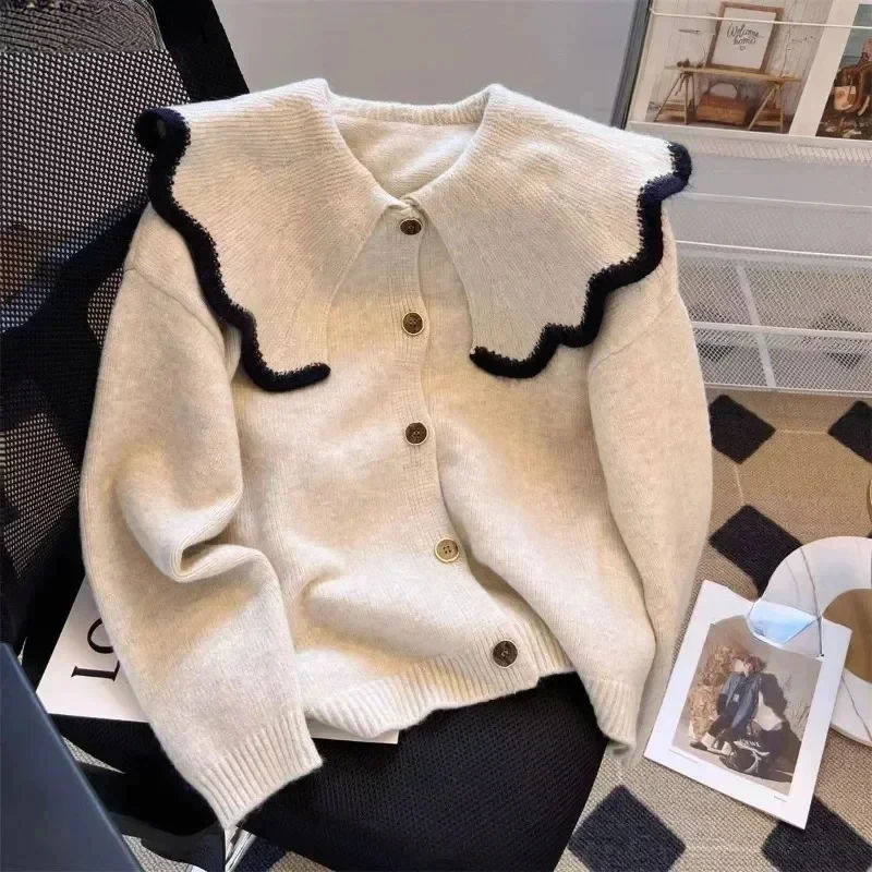 

Casual Women Cardigan 2023 Autumn Winter Clothes Peter Pan Collar Knitted Sweater Coat Knitwear Solid Ladies Tops