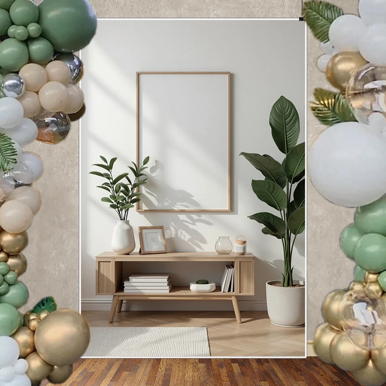 ดวงจันทร์. QG Arch Wall Cabinet ห้องนั่งเล่นพื้นหลังการถ่ายภาพภาพวาดพืชสีเขียวโซฟาฉากหลังตกแต่งบ้านวอลล์เปเปอร์