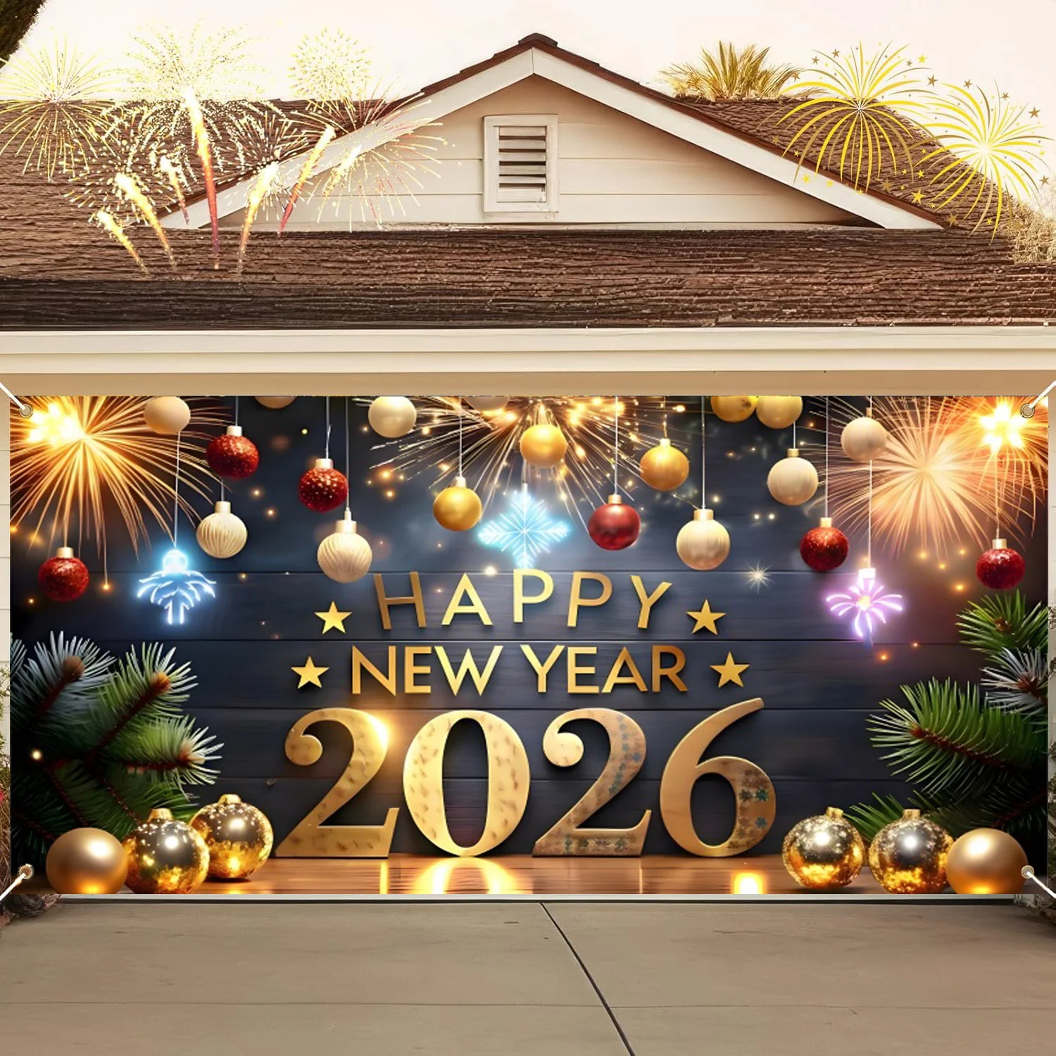 2026 سنة جديدة سعيدة باب المرآب الديكور راية السنة الجديدة خلفية عطلة حفلة المنزل ساحة جدار ديكور التصوير خلفية #1