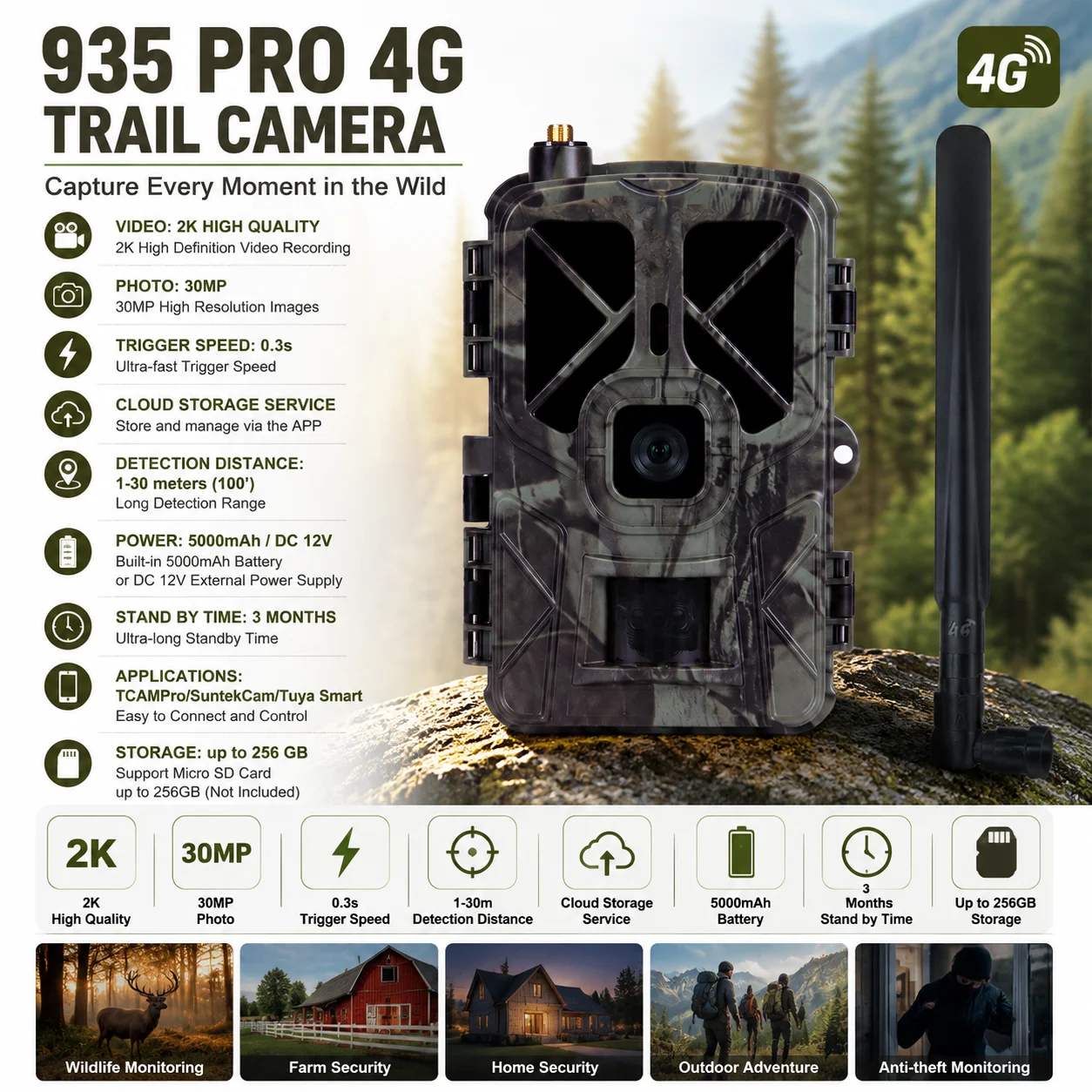 Suntekcam 935 Pro 4G Trail Camera 30MP 2K 5000mAh Battery Cloud APP IR Night Vision IP66 Waterproof Outdoor Hunting Wildlife Cam
