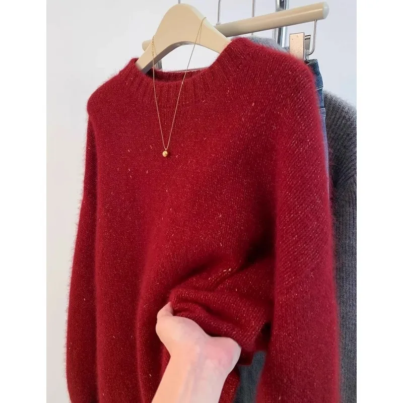 New Year's red sequined stylish round-neck wool knitted sweater women loose and thick sweater top autumn and winter
