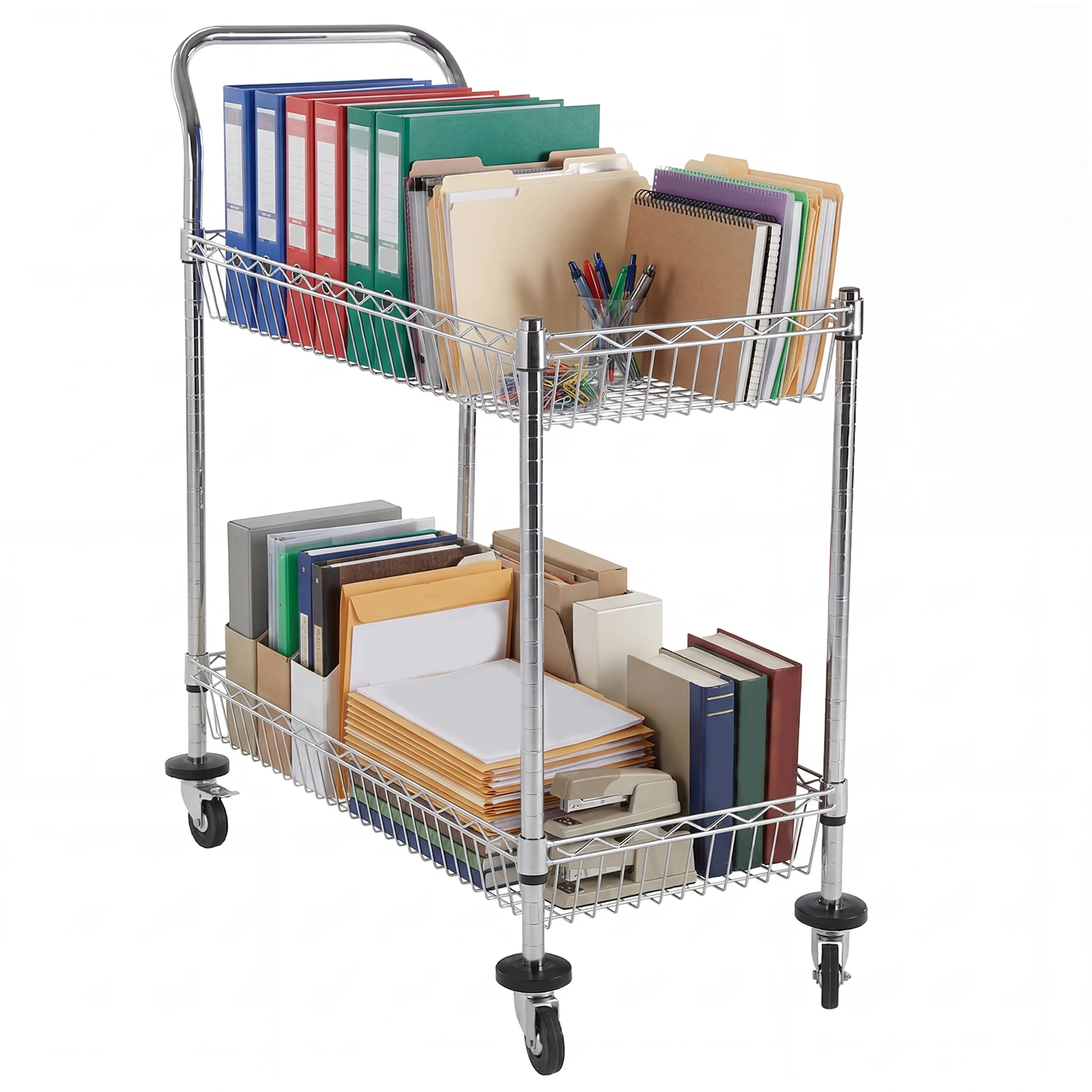 

2 Tier Rolling Cart 550 LBS Capacity Wire Baskets Cart L35.43xW17.72xH42.13 Inch for Laundry Shopping Grocery Luggage Restaurant