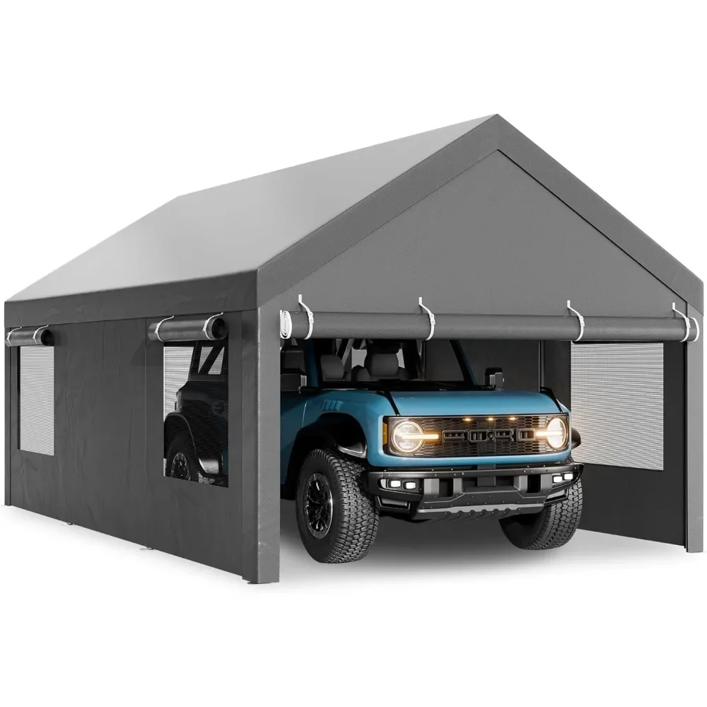 10x20 Ft Heavy Duty Carport with Roll-up Windows, Portable Garage with Removable Sidewalls & Doors, Canopy with All-Season Tarp