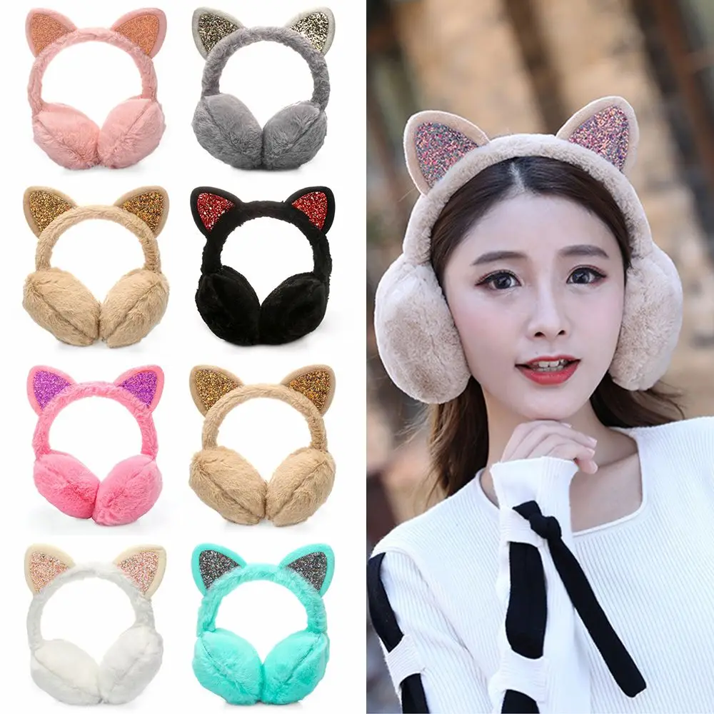 Winter Warm Earmuffs For Women Girls Cat Ears Cat Ear Ear Warmers Outdoor Earmuff Sequin Earmuffs Fluffy Earflap Headband