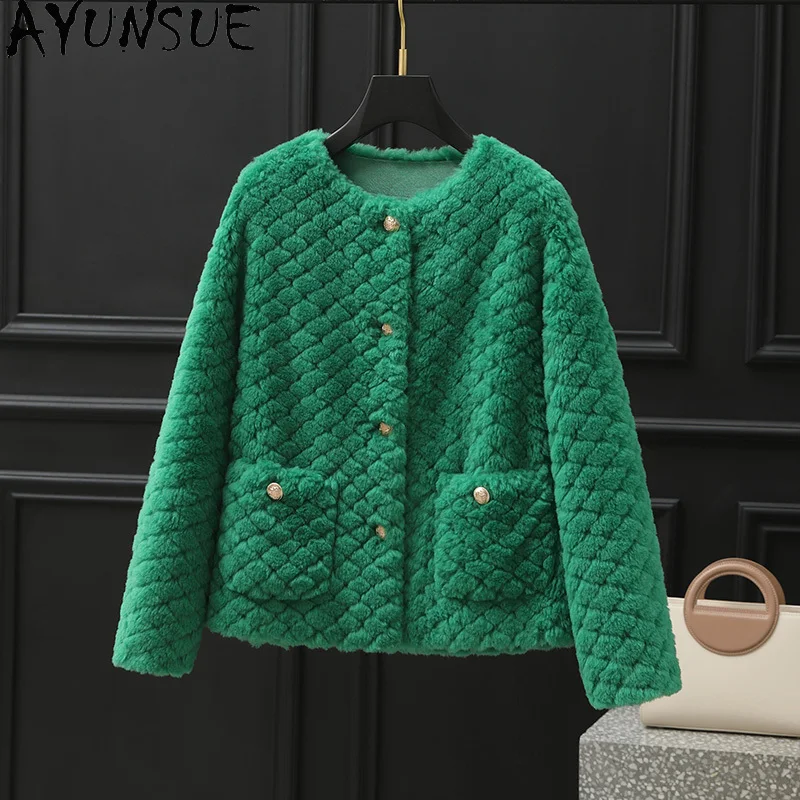 معطف صوف 100% من AYUNSUE للنساء 2025 سترة شيرلينغ من الفرو والحبوب المركبة للخريف والشتاء ملابس نسائية كورية