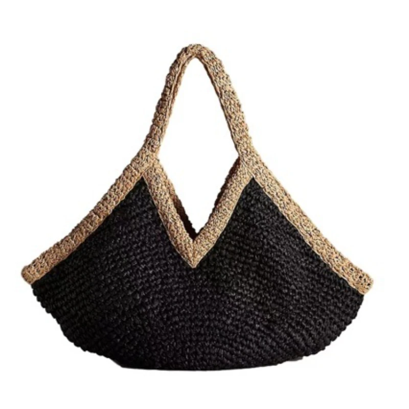

Bohemian Handmade Woven Straw Beach Bag Vintage Crochet Tote Shoulder Handbag Summer Vacation Seaside Daily Casual Rattan Purse