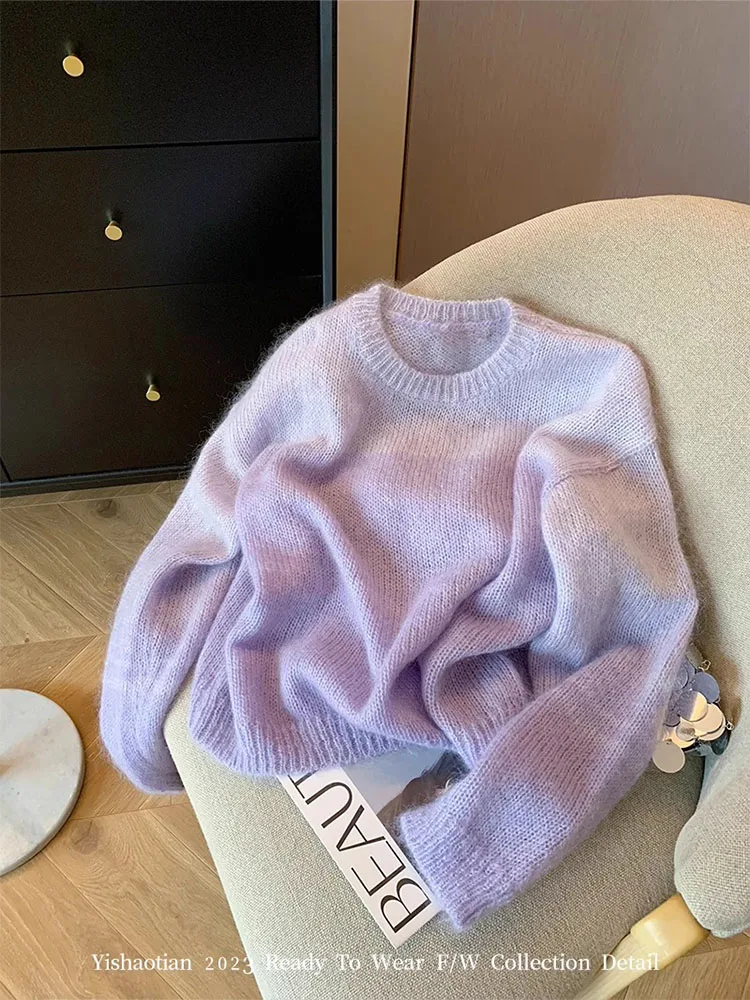 Harajuku Full Sleeves Jumpers Office Lady Fashion Casual Purple Pullovers Streetwear Chic O-Neck Simple Sweaters Y2k New Design