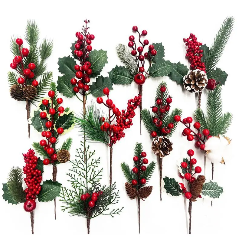 1pc Artificial Christmas Red Berry Branch Snowflake Pine Needle Pine Cone Branches For Xmas DIY Wreath Supply Noel Decoratons