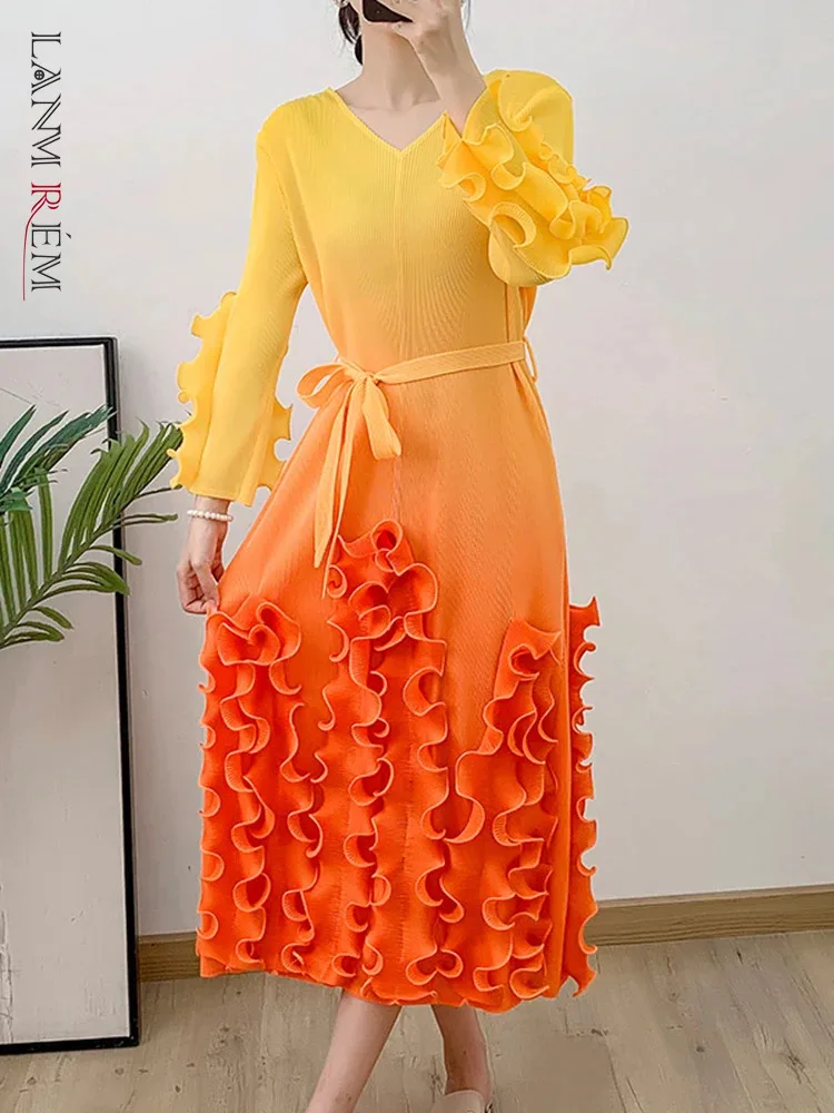 LANMREM Pleated Gradient Dress Women O-neck Long Sleeves Lace-up Gathered Waist Ruffles Dresses 2024 Summer New Party 2Z1657