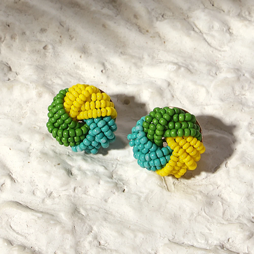 AENSOA Candy Color Seed Beaded Knot Stud Earrings for Women Girls Tricolor Handmade Braided Round Earrings Summer Beach Jewelry