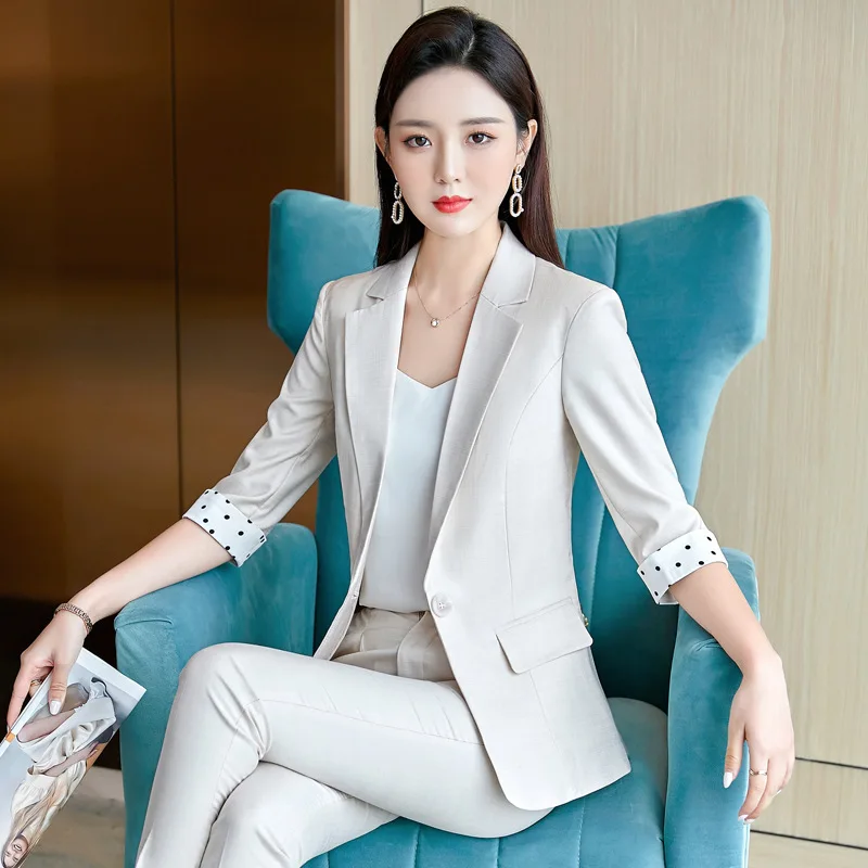 

Business Wear Women's Clothing Fashion Suit Summer Casual Temperament Korean Style Suit Jacket Thin Mid-Sleeve Suit Two-Piece