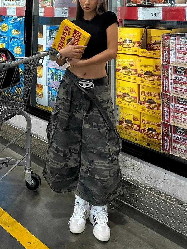 American High Street Large ket Camouflage orts décontracté ample femmes jean vêtements de travail Bootcut pantalon taille réglable