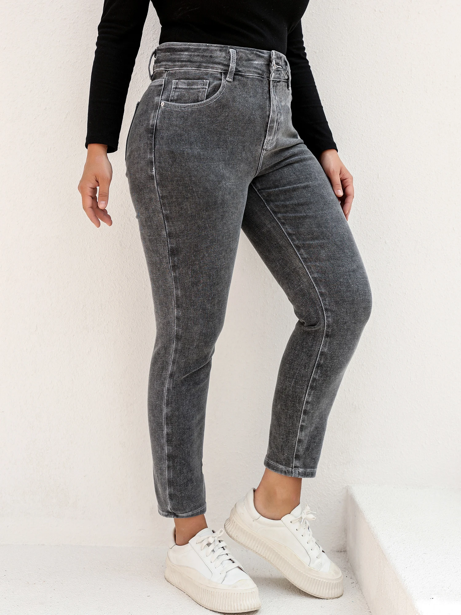 Imagem -03 - Cinza Calças de Brim para Mulher Elástico Cintura Alta Mãe Jeans Harem Comprimento Total Lavagem Denim Curvy Fitting 100 Kgs Jeans Mais Tamanho