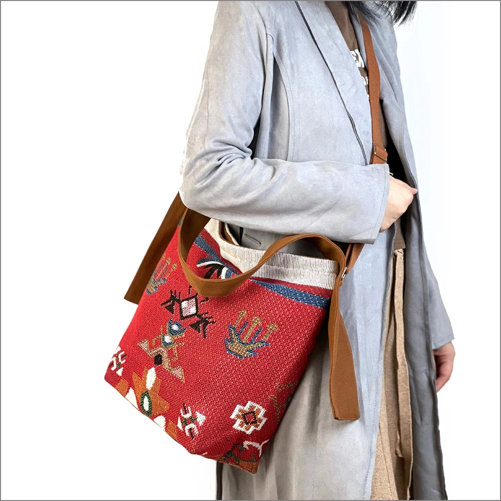 Bohemia ladies bag Double-sided embroidery canvas tote bag Vintage women's shoulder bag luxury red bucket bags