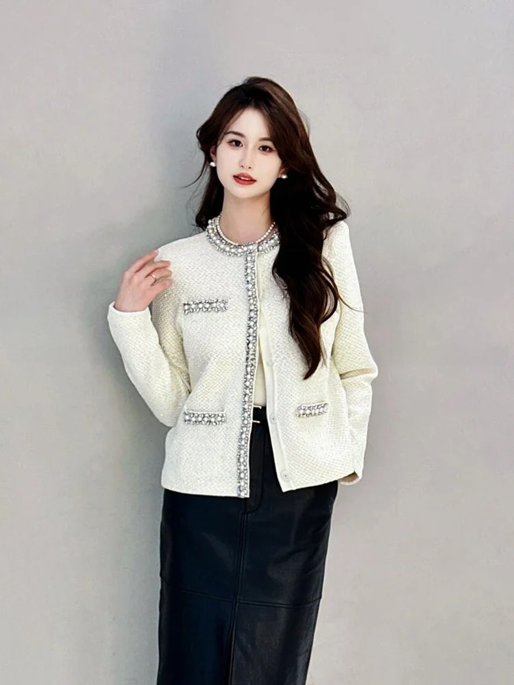 

Fall New Sle SP Pearlescent round Ne ort Knitted Cardigan Heavy Embroidery Diamond Embellied Commute Straight Cut Coat