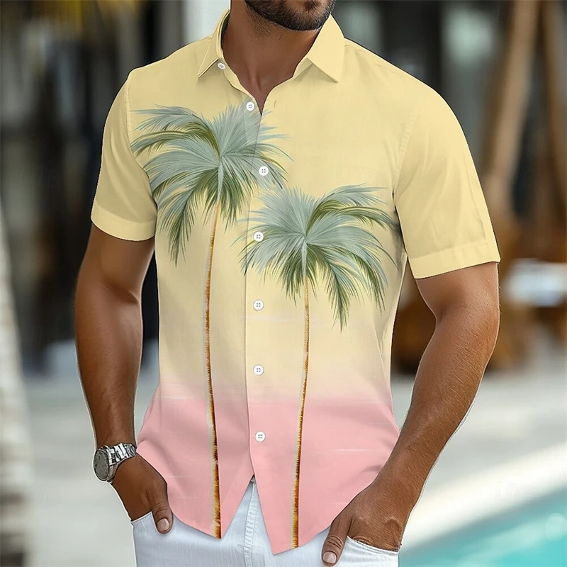 

3D Print Gradient Color Palm Tree Aloha Shirt For Men Short Sleeve Turn Down Collar Casual Daily Beach Shirt Summer Oversized