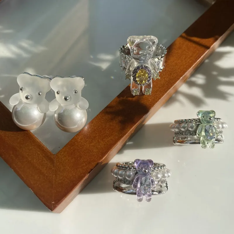 Cute Colorful Bear Open Ring Multilayer Imitation Pearl Stacking Rings Sweet Cartoon Bear Finger Accessories