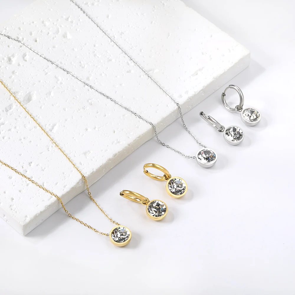 LUXUSTEEL Round White Colorful Crystal Stone Drop Hoop Earrings Necklace Women Stainless Steel Purple Green Blue Zirconia Sets